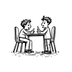 Illustration depicting two youngsters at a desk engaged in expressive communication conveying a