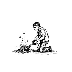 Illustration of a boy playing by a pile of spheres with a makeshift shovel on a white background