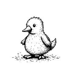 Illustrative charming duckling artwork in black and white showcasing innocence and simple artistry