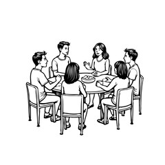 Illustrative depiction of a group gathering around a table for conversation and sharing with