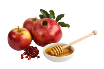 Apples, pomegranate and honey with dipper isolated on transparent background
