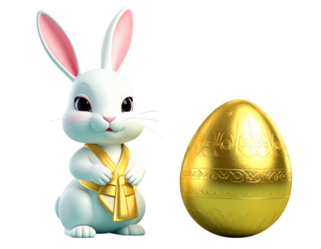 Elegant White Bunny Figurine Carrying Giant Golden Easter Egg PNG