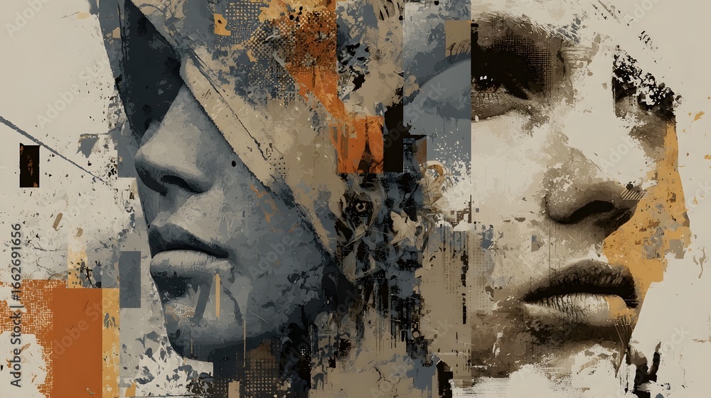 Poster a captivating and visually striking abstract face portrait created through a layered collage of text