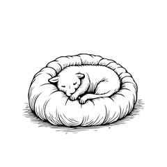 Illustrative rendition of a serene white kitten nestled securely in its fluffy bed conveying