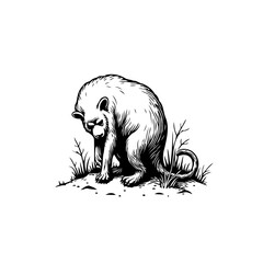 Ink drawn illustration portraying a somber creature contemplating its existence in a monochrome
