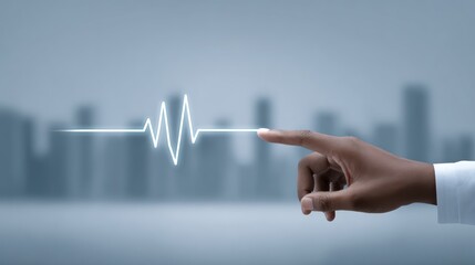 Hand Touching Pulse Line on Digital Background in Urban Setting