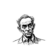 Intense artistic illustration of an aged man with prominent facial features drawn against blank