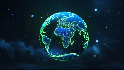 A glowing, stylized representation of Earth in space, outlined with vibrant green light.