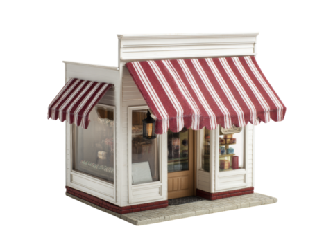 Charming miniature shop building red and white striped awning, Isolated On White Background, Png Transparent