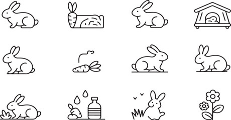 Simple Line Drawings of Rabbits, Carrots, and Flowers