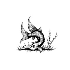 Koi fish ascending from aquatic vegetation, showcasing its intricate scale pattern in