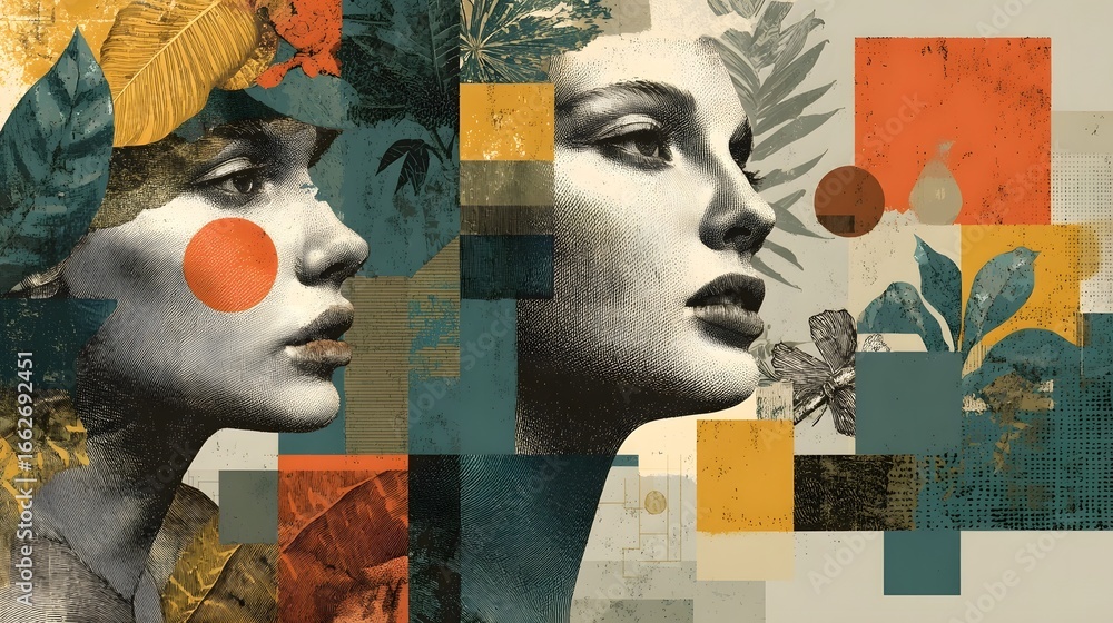 Poster a captivating collage of a pensive female portrait surrounded by a dreamlike blend of natural and ab
