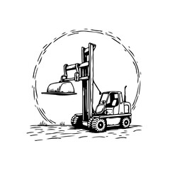 Minimalistic forklift illustration showcasing industrial equipment with a circular artistic