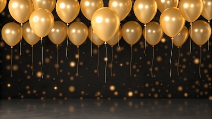 Horizontal banner of gold balloons on black wall — luxury and celebration vibe