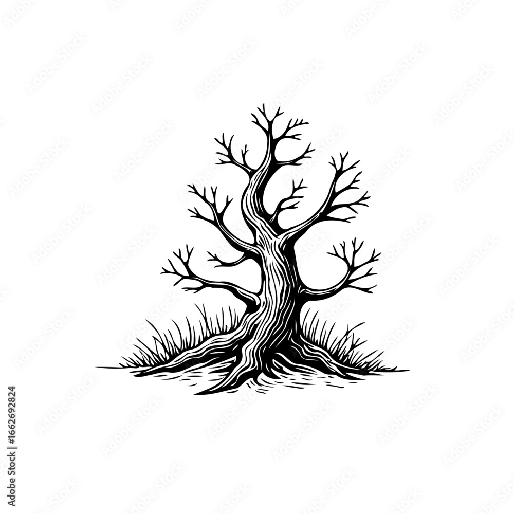 Poster monochrome drawing showing a leafless tree with intricate branches and detailed texture in black
