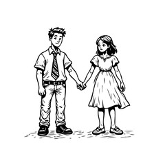 Monochrome drawing of a couple holding hands depicting youthful affection and companionship with