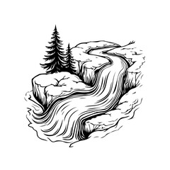 Monochrome river landscape illustration with evergreen trees and flowing water showing nature's