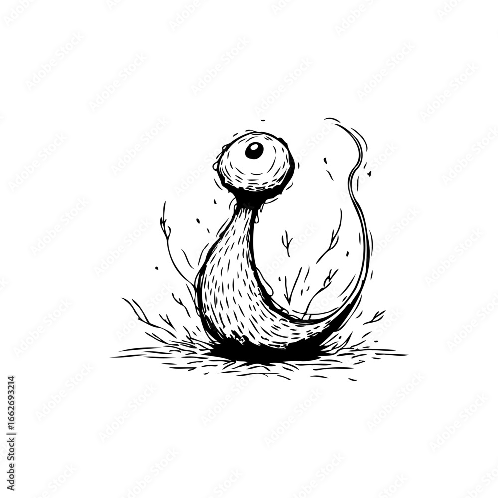 Poster monstrous eyeball creature with an unsettling design creating a whimsical yet creepy black and