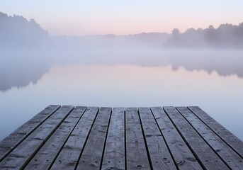 Obraz premium Mockup wooden pier on a misty lake at sunrise commercial usage