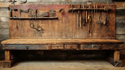 A rustic wooden workbench adorned with various hand tools, showcasing a warm and inviting atmosphere in a workshop.