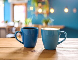 Two blue mugs of coffee on a light wooden table in a cafe