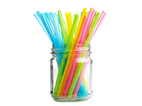 Colorful plastic drinking straws in a glass jar, Isolated On White Background, Png Transparent