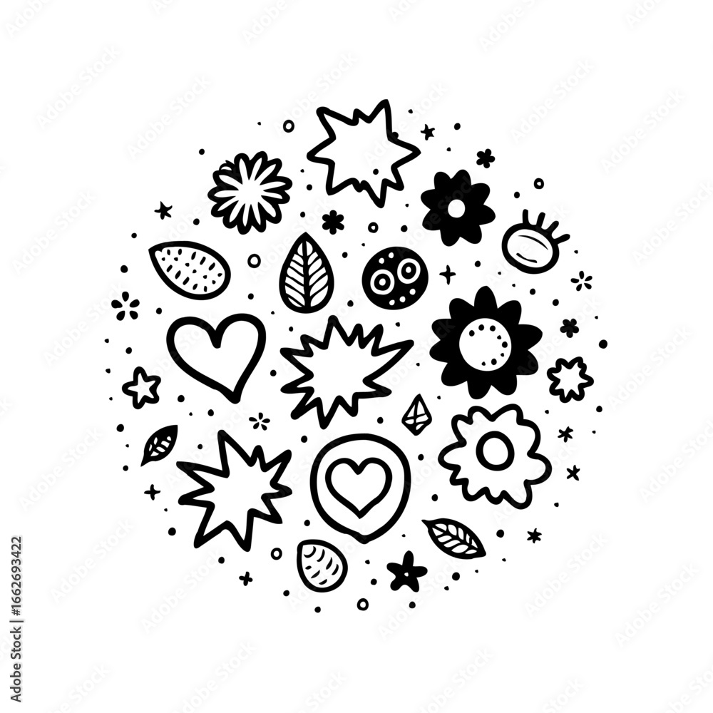 Poster playful doodles creating whimsical designs with heart and flower shape making circular pattern