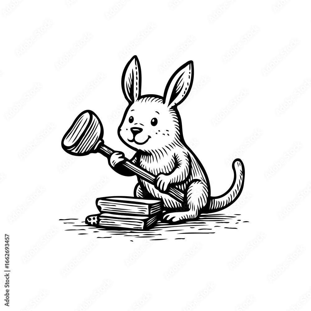 Poster playful kangaroo character with a plunger balancing on a book stack sketch design for children