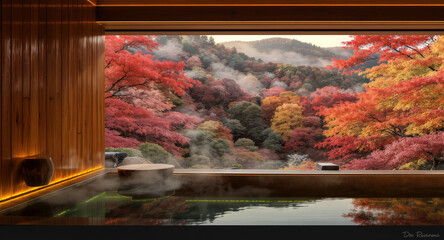 秋の紅葉した露天風呂の温泉