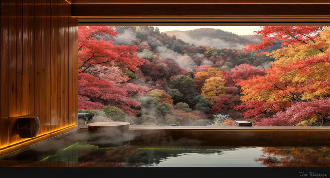 秋の紅葉した露天風呂の温泉