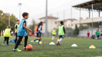 Fototapeta premium Children in soccer training session — learning techniques and enjoying active play
