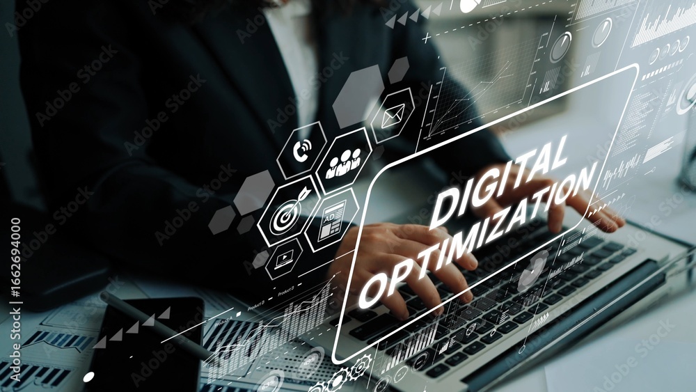 Poster professional in business attire engaging with laptop displaying digital optimization concept for mod