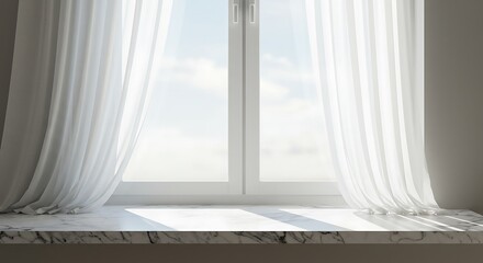 Mockup bright window with sheer white curtains and marble sill commercial usage