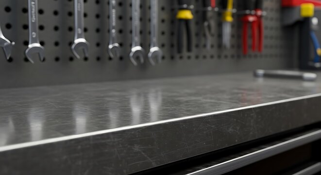 Mockup metal workbench surface with tools hanging in a workshop commercial usage