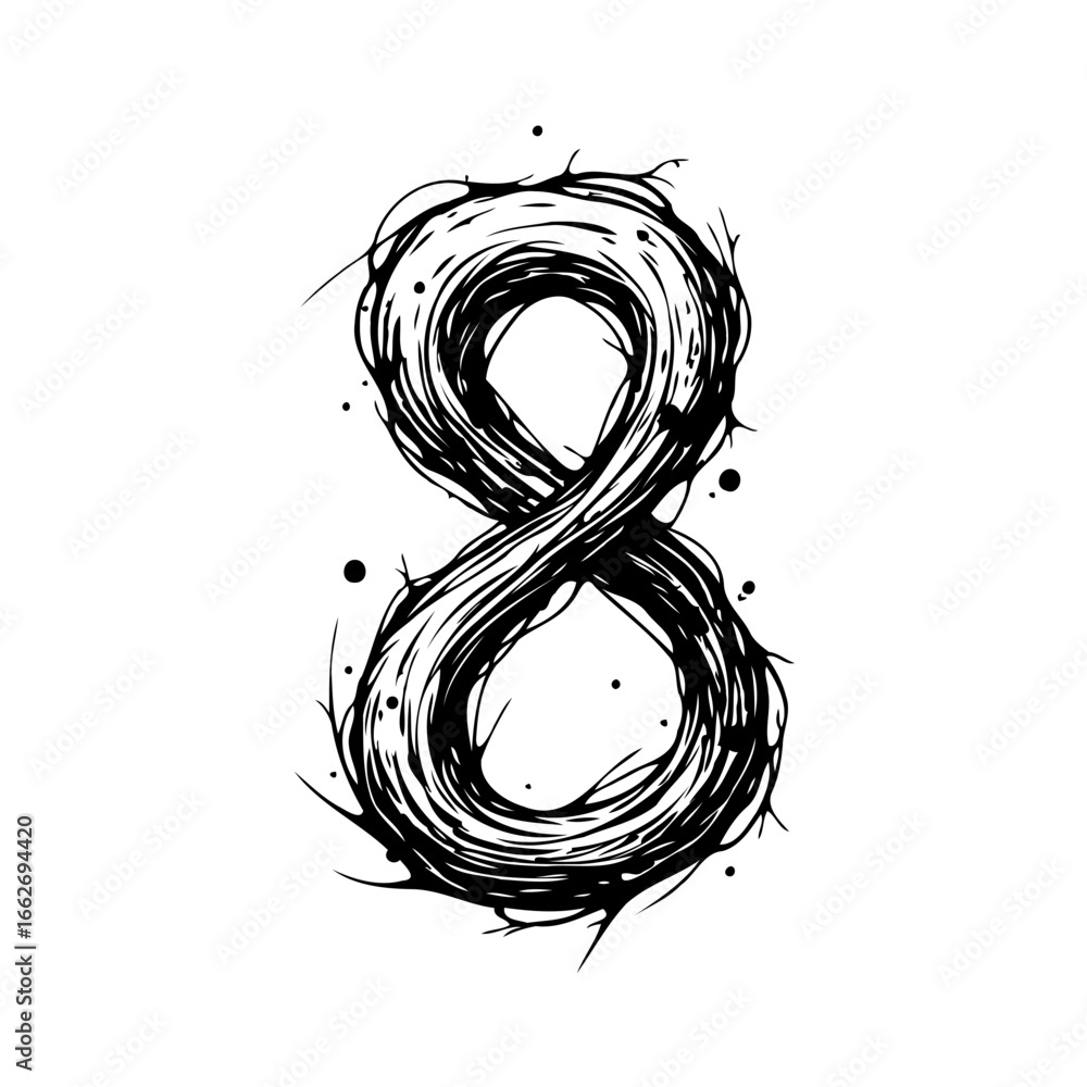 Poster stylized number eight entwined with artistic lines creating a unique graphic representation