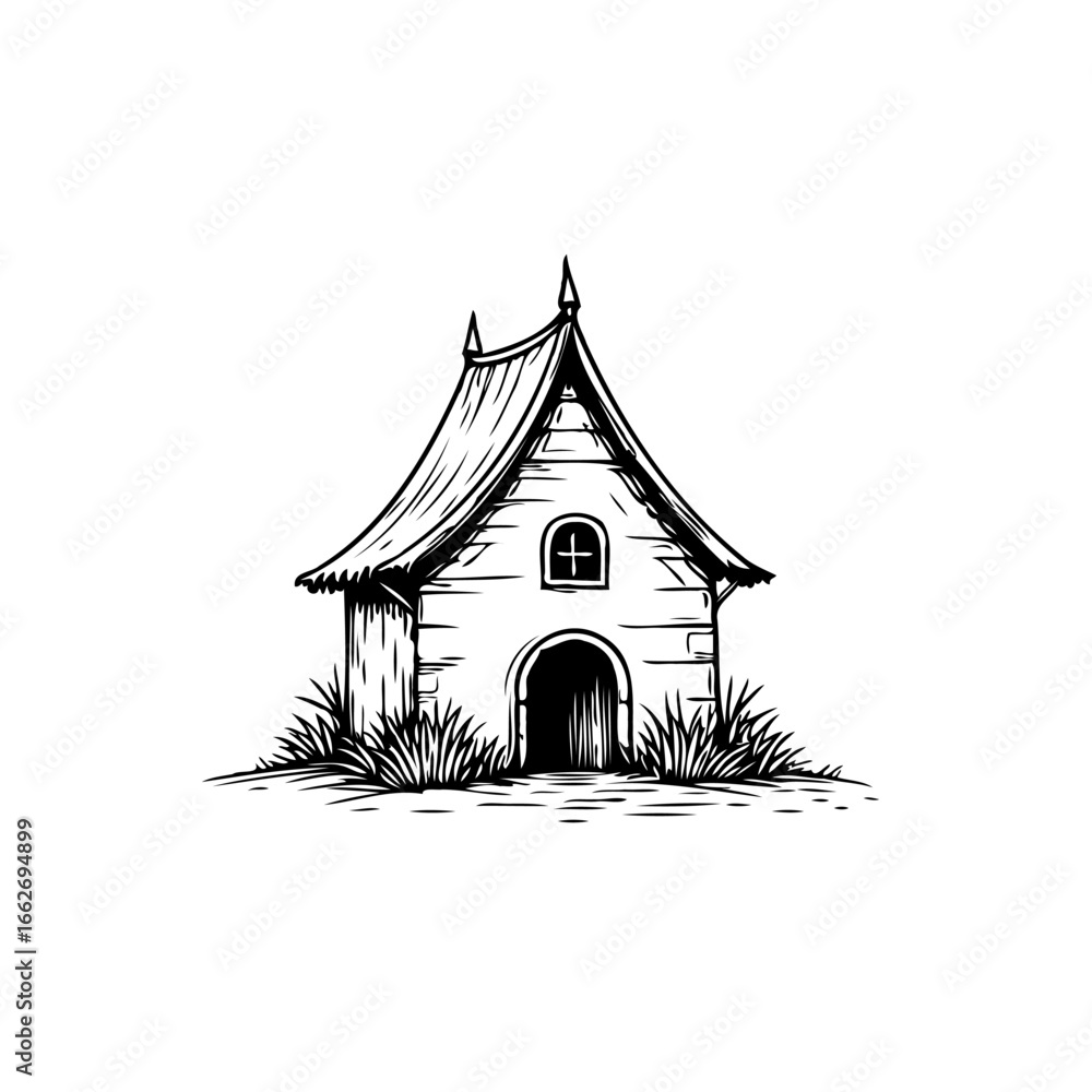 Poster whimsical architectural drawing showcasing rustic charm through intricate linework evoking