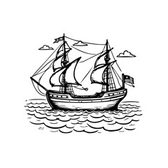 Vintage sailing vessel with american flag navigating the seas a sketch of antique naval vessel