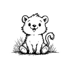 Whimsical black and white illustration of a cute bear cub with playful expression and captivating