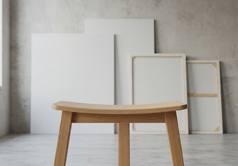 Mockup wooden stool in front of blank canvases in an art studio commercial usage
