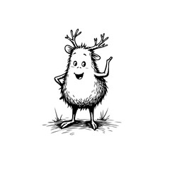 Whimsical creature with antlers standing on grass and smiling a delightful illustration in black