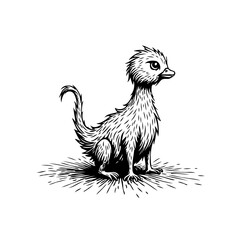 Whimsical feathered creature with a duckbill sitting serenely isolated against a plain background