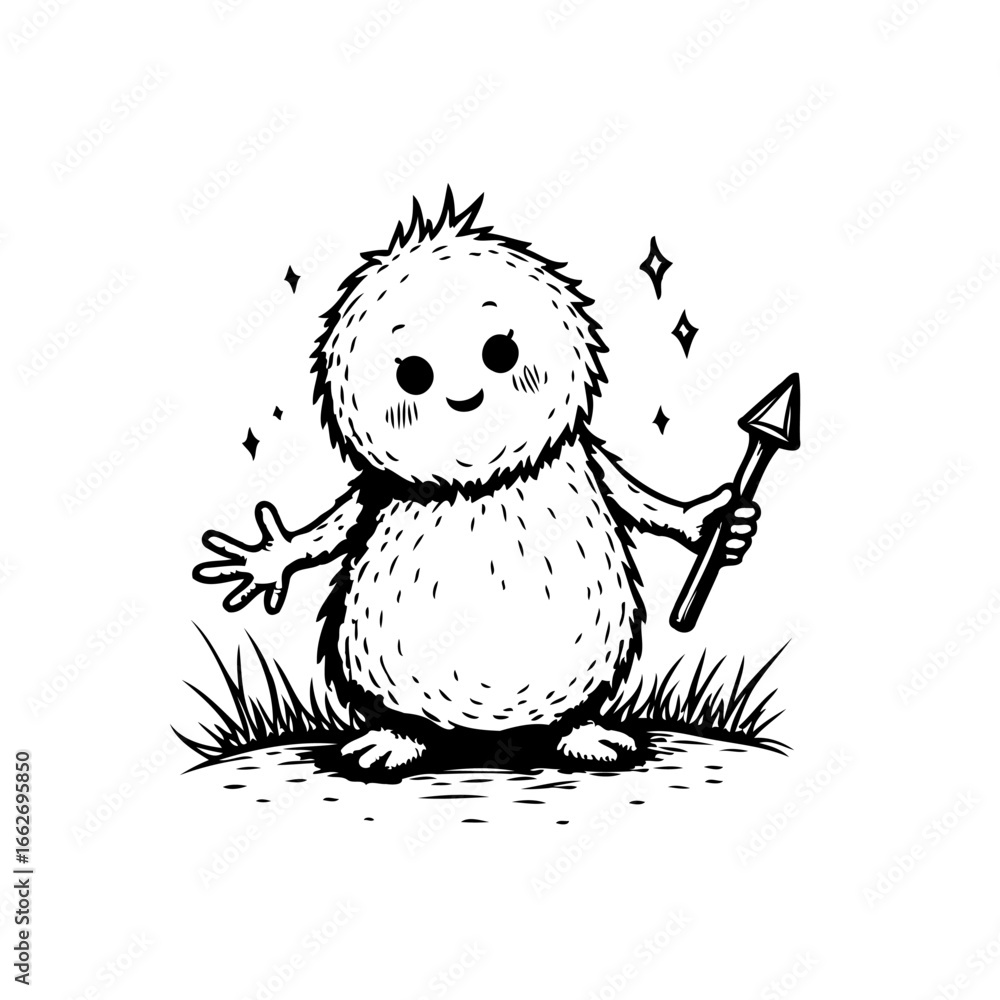 Poster whimsical fluffy creature with an arrow in a grassy field creating a delightful artistic