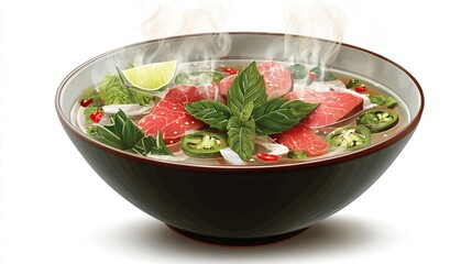 Steaming bowl of pho with sliced beef, herbs, and lime in a dark bowl
