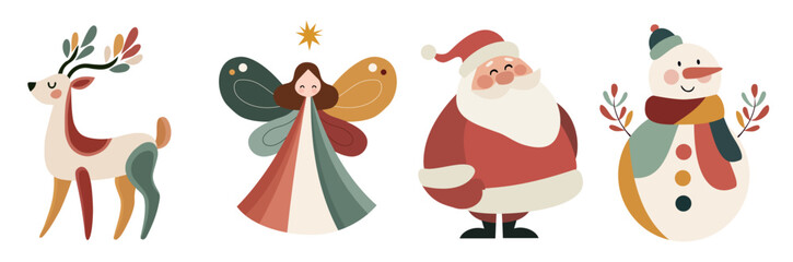 Naive folk Christmas clipart set with reindeer, angel, santa and snowman characters isolated on white for cards and stickers