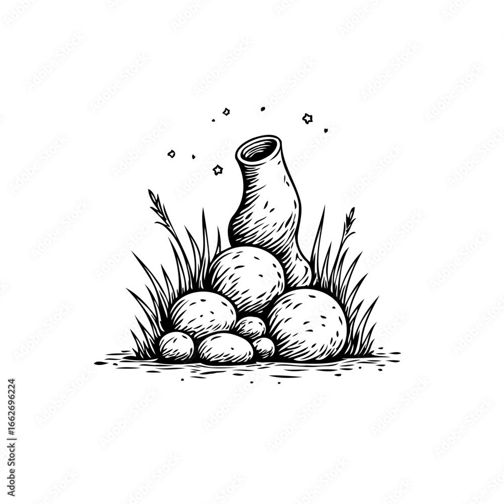 Poster whimsical illustration featuring a unique vase adorned with circular patterned stones and grass in