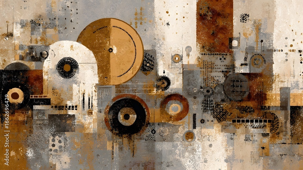 Poster a captivating multi layered abstract collage featuring a dynamic composition of geometric shapes tex