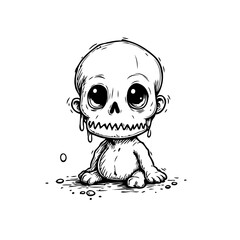 Whimsical monochrome drawing featuring a stylized character with prominent eyes and skull like