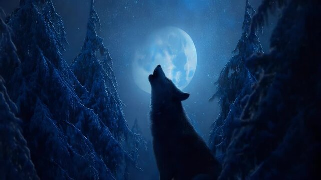 Mystical wolf howling at the moon in a silent winter forest with snow-covered pine trees