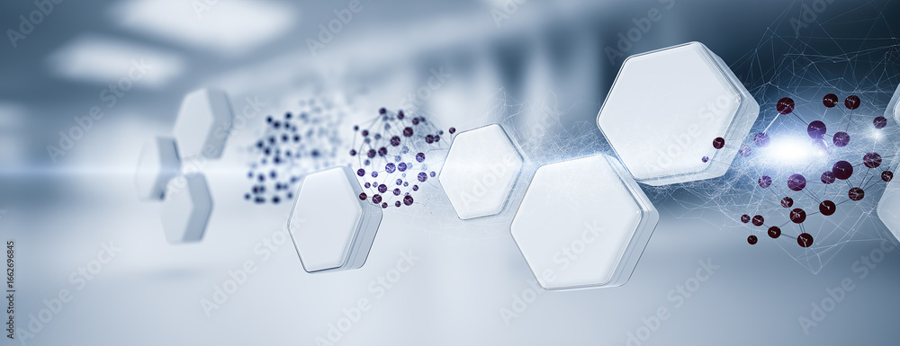 Poster abstract hexagonal molecular shapes with particles create futuristic scientific visualization.