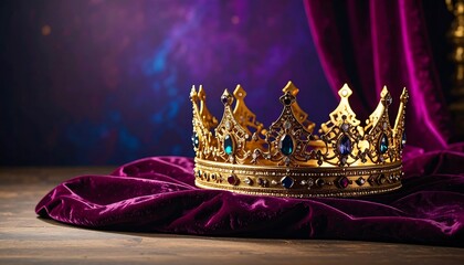 Luxurious golden crown on a purple velvet cloth